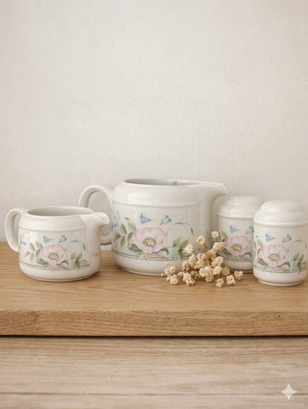 White Floral Ceramic Sugar, Creamer and Spice Jar Set